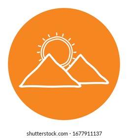 Sun and mountains block line style icon design, summer nature tropical season holiday sunny weather and energy theme Vector illustration