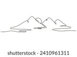 Sun and mountains continuous one line icon drawing on white background. Hot temperature and  travel symbol vector illustration in doodle style. Summer sun contour line sign 