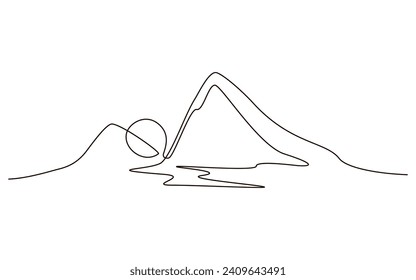 Sun and mountains continuous one line icon drawing on white background. Hot temperature and  travel symbol vector illustration in doodle style. Summer sun contour line sign 