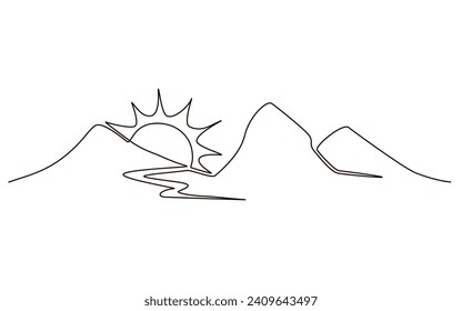 Sun and mountains continuous one line icon drawing on white background. Hot temperature and  travel symbol vector illustration in doodle style. Summer sun contour line sign 