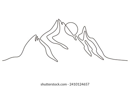 El sol y las montañas siguen dibujando un icono de una línea sobre fondo blanco. Ilustración vectorial de temperatura caliente y símbolo de viaje en estilo doodle. Signo de línea de contorno de sol de verano 