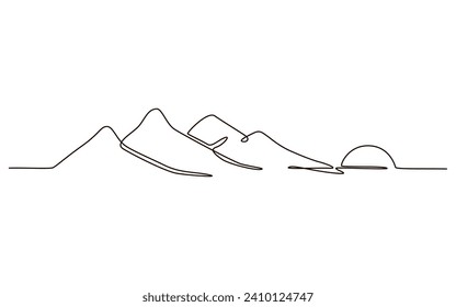 El sol y las montañas siguen dibujando un icono de una línea sobre fondo blanco. Ilustración vectorial de temperatura caliente y símbolo de viaje en estilo doodle. Signo de línea de contorno de sol de verano 