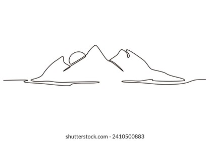 Sun and mountains continuous one line icon drawing on white background. Hot temperature and  travel symbol vector illustration in doodle style. Summer sun contour line sign 