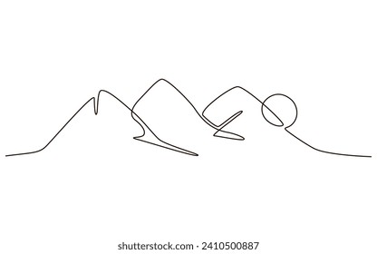 Sun and mountains continuous one line icon drawing on white background. Hot temperature and  travel symbol vector illustration in doodle style. Summer sun contour line sign 