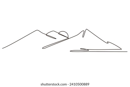 Sonne und Berge durchlaufen eine Linie Symbol auf weißem Hintergrund. Heiße Temperatur und Reissymbol, Vektorgrafik im Doodle-Stil. Sommersonnenkonturlinie 