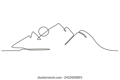 Sun and mountains continuous one line icon drawing on white background. Hot temperature and  travel symbol vector illustration in doodle style. Summer sun contour line sign 