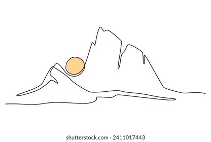 Sun and mountains continuous one line icon drawing on white background. Hot temperature and  travel symbol vector illustration in doodle style. Summer sun contour line sign 