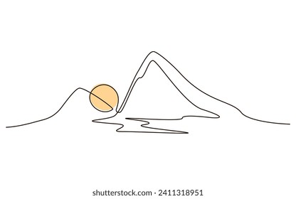 El sol y las montañas siguen dibujando un icono de una línea sobre fondo blanco. Ilustración vectorial de temperatura caliente y símbolo de viaje en estilo doodle. Signo de línea de contorno de sol de verano 