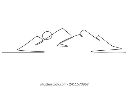 Sun and mountains continuous one line icon drawing on white background. Hot temperature and  travel symbol vector illustration in doodle style. Summer sun contour line sign 