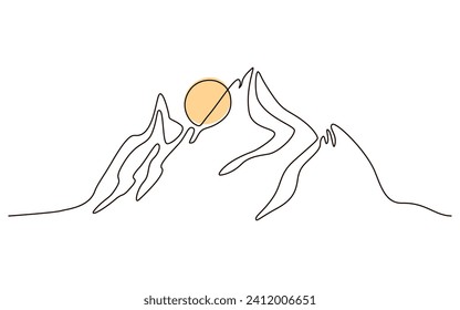 Sun and mountains continuous one line icon drawing on white background. Hot temperature and  travel symbol vector illustration in doodle style. Summer sun contour line sign 