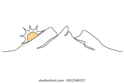 El sol y las montañas siguen dibujando un icono de una línea sobre fondo blanco. Ilustración vectorial de temperatura caliente y símbolo de viaje en estilo doodle. Signo de línea de contorno de sol de verano 