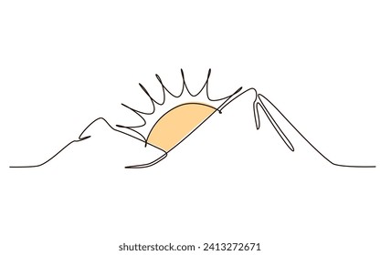 El sol y las montañas siguen dibujando un icono de una línea sobre fondo blanco. Ilustración vectorial de temperatura caliente y símbolo de viaje en estilo doodle. Signo de línea de contorno de sol de verano 