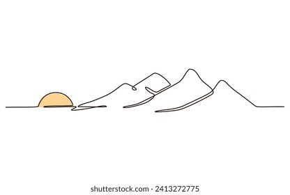 Sun and mountains continuous one line icon drawing on white background. Hot temperature and  travel symbol vector illustration in doodle style. Summer sun contour line sign 