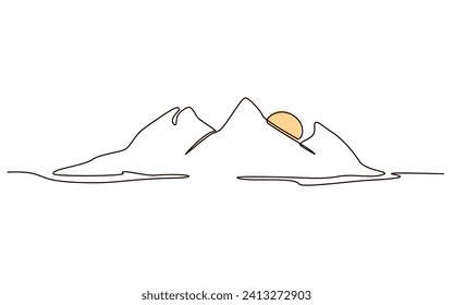 Sun and mountains continuous one line icon drawing on white background. Hot temperature and  travel symbol vector illustration in doodle style. Summer sun contour line sign 
