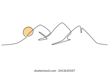 Sun and mountains continuous one line icon drawing on white background. Hot temperature and  travel symbol vector illustration in doodle style. Summer sun contour line sign 