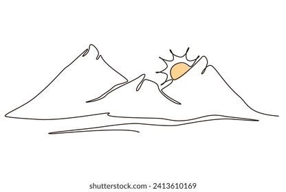 El sol y las montañas siguen dibujando un icono de una línea sobre fondo blanco. Ilustración vectorial de temperatura caliente y símbolo de viaje en estilo doodle. Signo de línea de contorno de sol de verano 