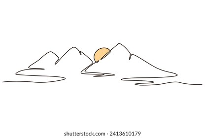 Sun and mountains continuous one line icon drawing on white background. Hot temperature and  travel symbol vector illustration in doodle style. Summer sun contour line sign 