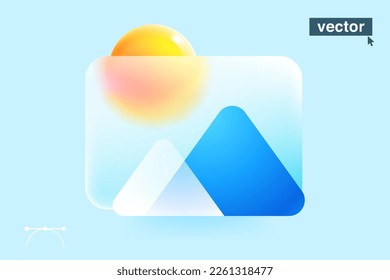 Sun with mountains with frosted glass in glassmorphism style. 3D illustration. Sunrise icon covered by transparent frame. Emblem for weather app, landscape presentation.