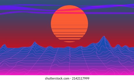 sun mountains horizon abstract background 80e style, bright vintage retro Pop Art Retro Vector Illustration 80s Kitsch Vintage Style