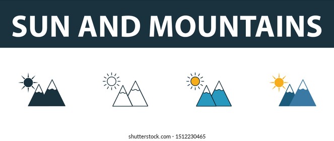 Sun And Mountains icon set. Four elements in diferent styles from travel icons collection. Creative sun and mountains icons filled, outline, colored and flat symbols.