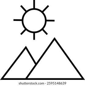 Sun and Mountains Icon with Transparent Background – Line icon of a sun rising over mountains representing nature, travel, and outdoor adventures.