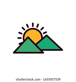 Sun and mountains line and fill style icon design, summer nature tropical season holiday sunny weather and energy theme Vector illustration