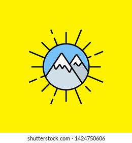 Sun mountains line icon. Mountain landscape inside sun rays circle graphic isolated on yellow background. Outdoor adventure symbol. Vector illustration.