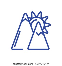 sun and mountains over white background, line style icon, vector illustration
