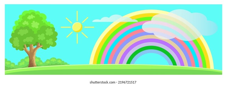 The Sun And A Multi Colored Rainbow With Two Clouds And A Tree With Bushes Are In The Blue Sky. Label For Pencils And Markers. Landscape. For Children. Vector Illustration. A Set Of Office Supplies.