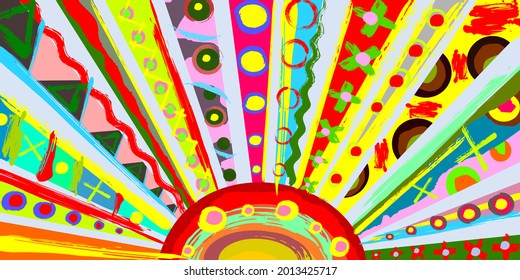 The sun with multicolored rays in an abstract style.