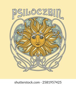 sun with mushrooms instead of eyes, psychedelic print on a t-shirt in the style of the 70s, psilocybin