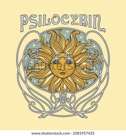 sun with mushrooms instead of eyes, psychedelic print on a t-shirt in the style of the 70s, psilocybin