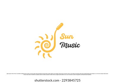 Sun music logo design illustration. Simple creative flat silhouette combination sun music trumpet mic sound sun light holiday outdoor recreation family holiday fun happy party event.