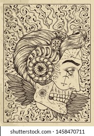 Sun. Mystic concept for Lenormand oracle tarot card. Vector engraved illustration. Fantasy line art drawing and tattoo sketch. Gothic, occult and esoteric background