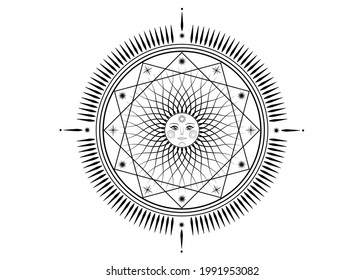 Sun mystic icon Sacred Geometry sign, radial rays symbol, concept of sunlight, logo Mandala tattoo of black line, Masonic symbology, vector isolated on white background