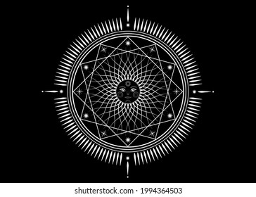 Sun mystic icon Sacred Geometry sign, radial rays symbol, concept of sunlight, logo Mandala tattoo of white line, Masonic symbology, vector isolated on black background