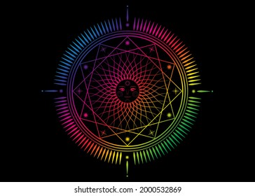 Sun mystic icon Sacred Geometry sign, radial rays symbol, concept of sunlight, logo Mandala psychedelic color, Masonic symbology, colorful vector isolated on black background