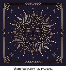 Sun mystical golden stylized boho chic sign with face. Astrology, alchemy, esoteric, tarot, fortune telling and mysticism design element thin line vector illustration