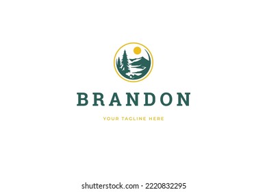 Sun nature landscape wild forest mountain circle vintage logo design template place for text vector illustration. Hiking climbing trekking travel journey adventure active lifestyle hobby company brand