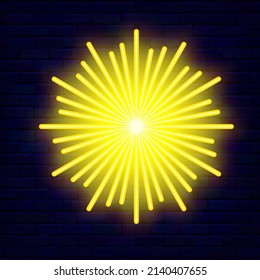 Sun neon icon. Summer concept. Dandelion flower. Season vacation. Night bright signboard. Glowing effect banner. Editable stroke. Vector stock illustration