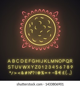 Sun neon light icon. Star in Solar System center. Hot plasma sphere. Space exploration. Astronomy, astrology. Glowing sign with alphabet, numbers and symbols. Vector isolated illustration