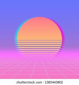 Sun Neon Retro 80s Background. Vector Neon Sunset, Futuristic Sun Space