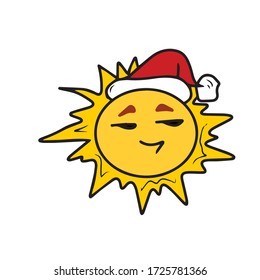 The sun in a new year's hat, the emotion-suspicion.Sticker, vector children's design for banners, postcards and social networks.