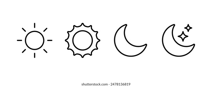 Sun and night moon with stars editable stroke outline icons set isolated on white background flat vector illustration. Pixel perfect. 64 x 64