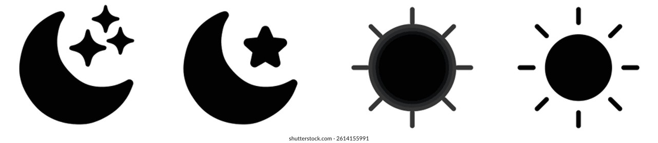 Sun and night moon with stars editable stroke outline icons set isolated on white background flat vector illustration.