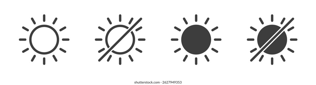 Sun and no Sun Icon. Sun and brightness control icons representing light adjustment, brightness, and display settings.