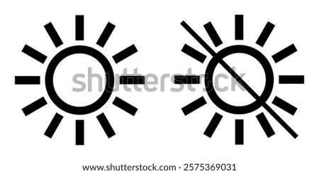 Sun and no sun icons. Sun icon and crossed out sun. Screen brightness. Brightness settings. Brightness control icons