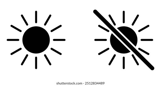 Sol y ningún icono de Vector solar establecido. Sin pictograma de luz solar está aislado sobre un fondo blanco.