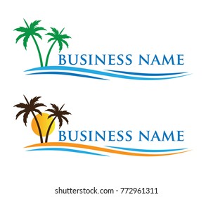 sun ocean beach palm coconut tree vector logo design