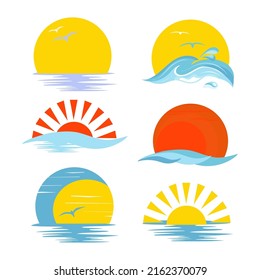 The sun and the ocean. Beautiful landscape. Vector set. logo, emblem.